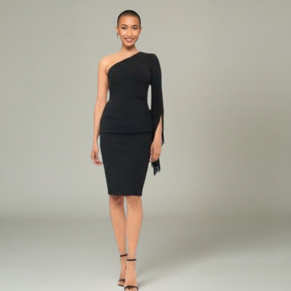 Aqua Dresses & Skirts - AQUA One Shoulder Fringed Sleeve Sheath Dress Womens 6 Black Formal Holiday NWT